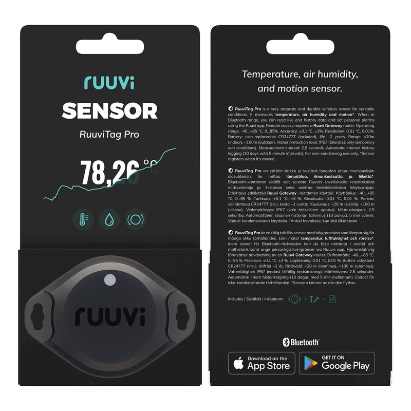 RuuviTag Pro 3 في 1 جهاز استشعار درجة الحرارة اللاسلكي بلوتوث (°C/°F)، رطوبة الهواء وحركة. تنبيهات وتاريخ. تطبيقات مجانية لأندرويد/iOS. يتكامل مع فيكترون، هومي، ومساعد المنزل. صنع في أوروبا. - Image 1